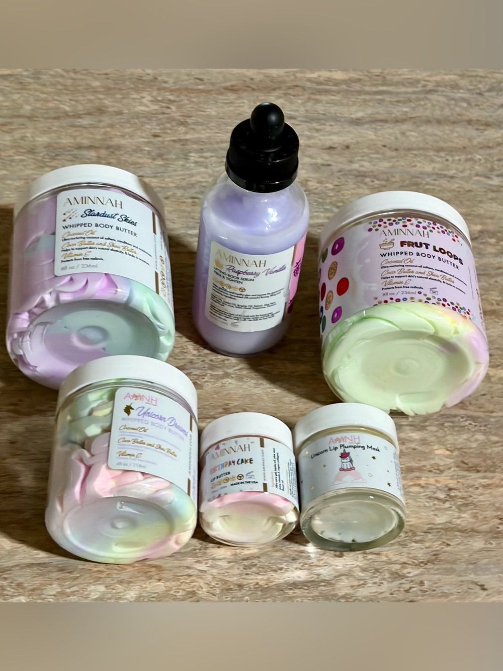 AMINNAH Bundle Set of Whipped Body Butters, Serum, Lip plumping mask, Lip butter